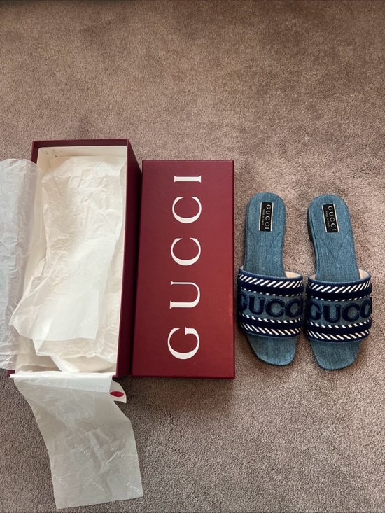 Gucci Shoes - Gucci Denim Logo Slide Sandals in Light Blue and Navy